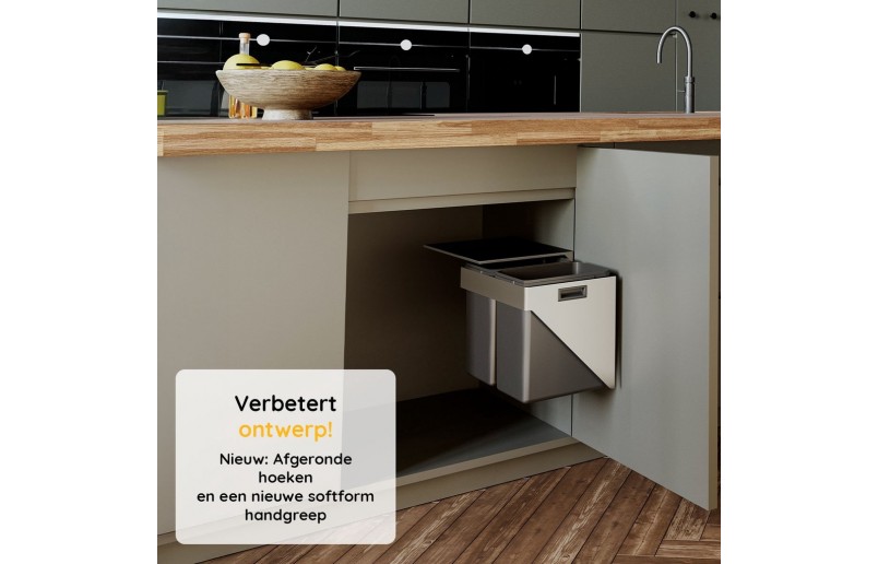 Uittrekbare Inbouw afvalbak 2x20 liter hangend zijwand montage