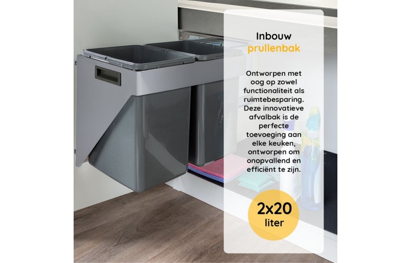 Uittrekbare Inbouw afvalbak 2x20 liter hangend zijwand montage