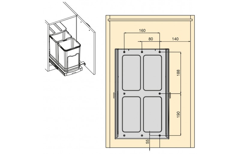 Uittrekbare inbouw afvalbak 2x12 liter 