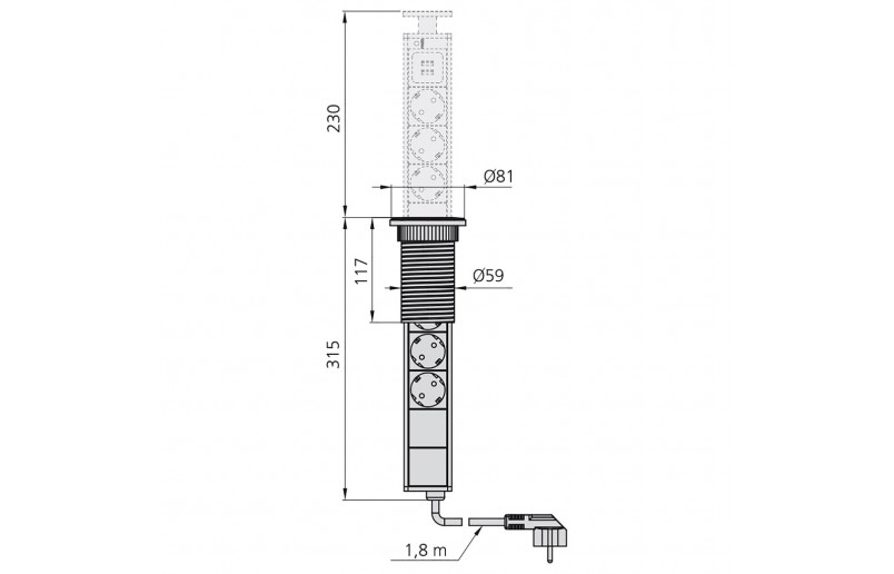 Meubel stopcontact met RA stopcontacten en USB uittrekbaar