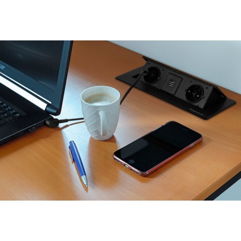 Bureaustopcontact zwart met 2 stopcontacten en 2 USB poorten