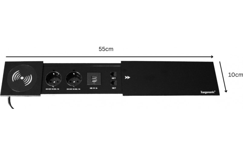 Bureaustopcontact zwart met 2 stopcontacten, 2 USB poorten, 2 internetaansluiting en draadloze oplader 