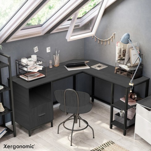 Hoekbureau met lade en legplanken zwart/zwart