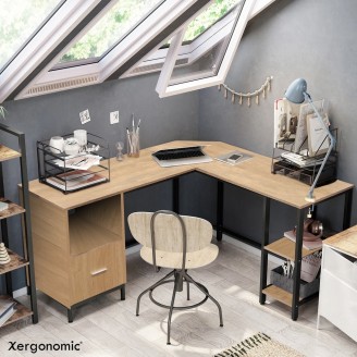 Hoekbureau met lade en legplanken zwart/naturel op=op