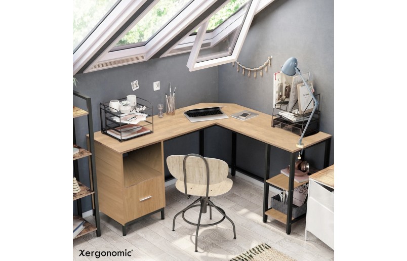 Hoekbureau met lade en legplanken zwart/naturel op=op