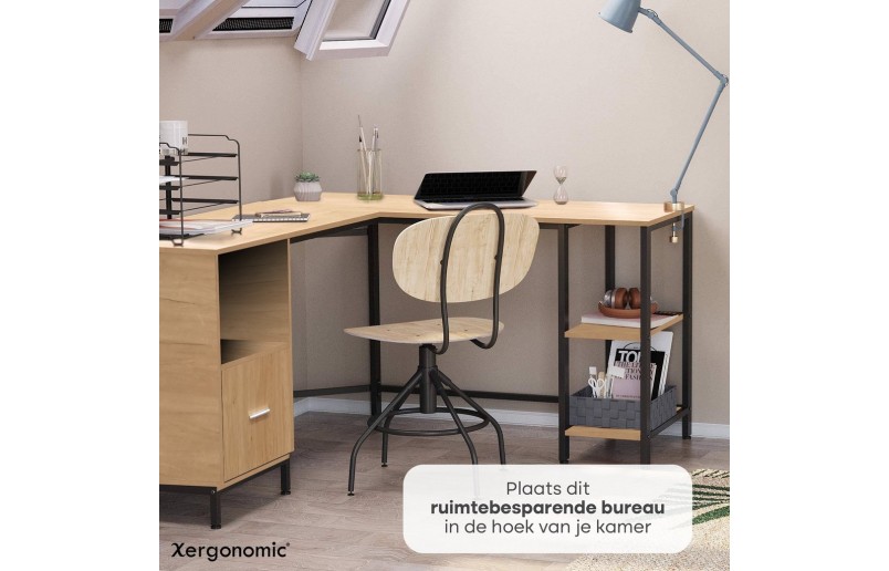 Hoekbureau met lade en legplanken zwart/naturel op=op
