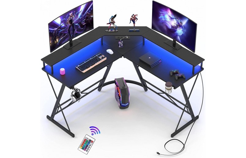 COSTWAY Bureau Gaming en Forme de L avec Lumières LED et Prises de Courant, Support d'Écran, 146 x 115 x 85,5 cm - Maison