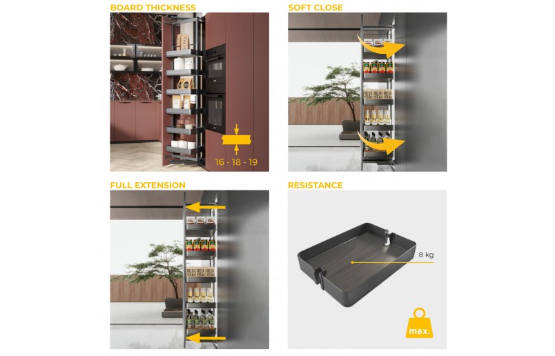 Uittrekframe draaibaar voor keukenkasten met hoogte 143 cm en kastbreedte 400 mm