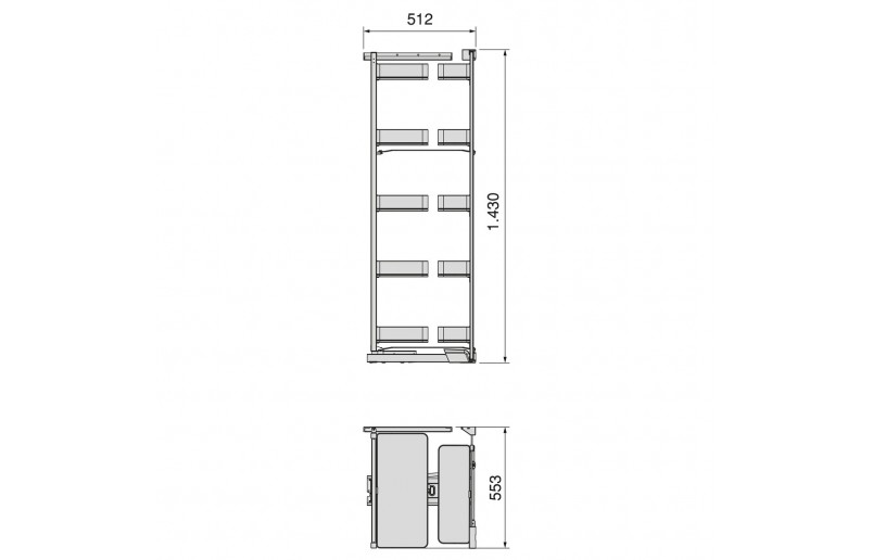 Uittrekframe voor keukenkasten met hoogte 148 cm en kastbreedte 600 mm