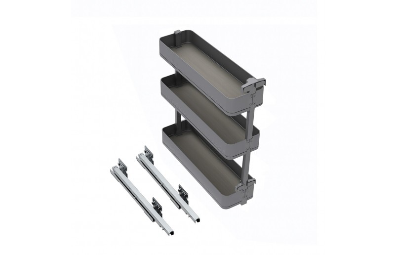 Uittrekbaar potten- en flessenrek met 3 plateaus voor keukenkaste met breedte 200 mm