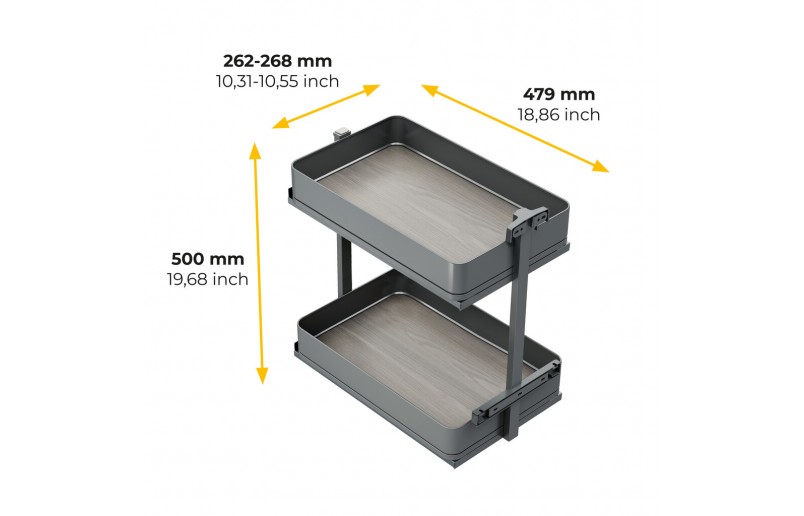 Uittrekframe met 2 opberg plateaus voor keukenkasten met breedte 300 mm