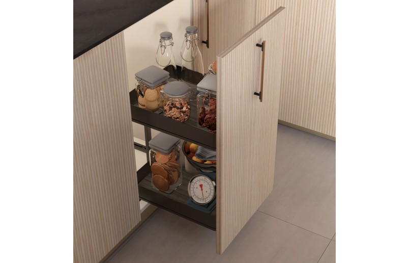 Uittrekframe met 2 opberg plateaus voor keukenkasten met breedte 300 mm