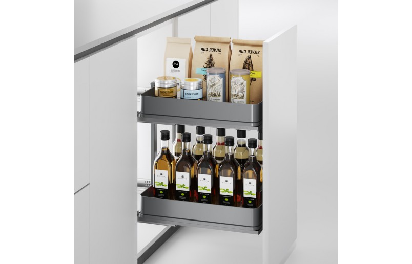 Uittrekframe met 2 opberg plateaus voor keukenkasten met breedte 300 mm