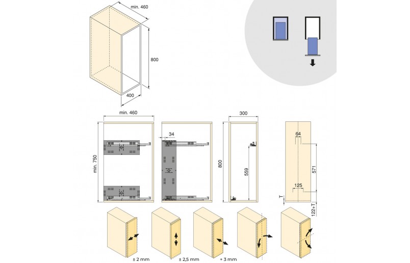 Uittrekframe met 3 opberg plateaus voor keukenkasten met breedte 300 mm