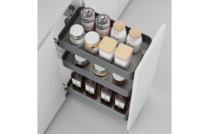 Uittrekframe met 3 opberg plateaus voor keukenkasten met breedte 300 mm