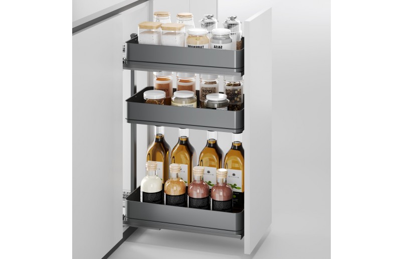 Uittrekframe met 3 opberg plateaus voor keukenkasten met breedte 300 mm