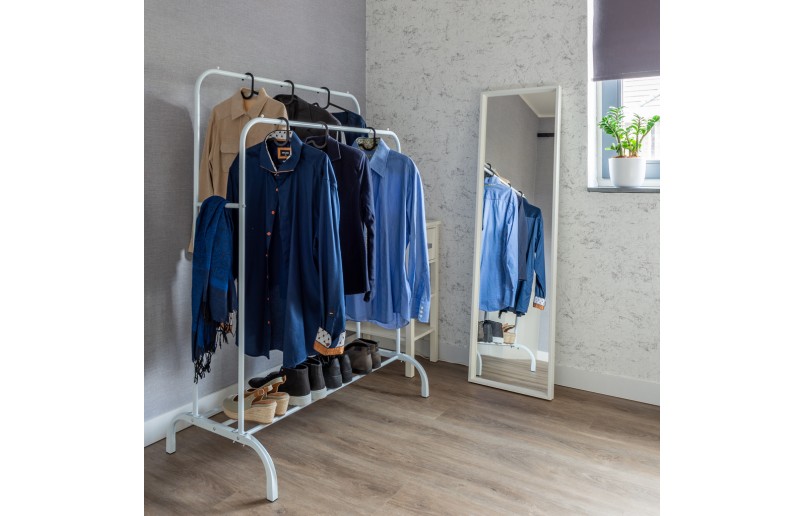 Eleganca kledingrek met 2 stangen en schoenenplank, wit metaal