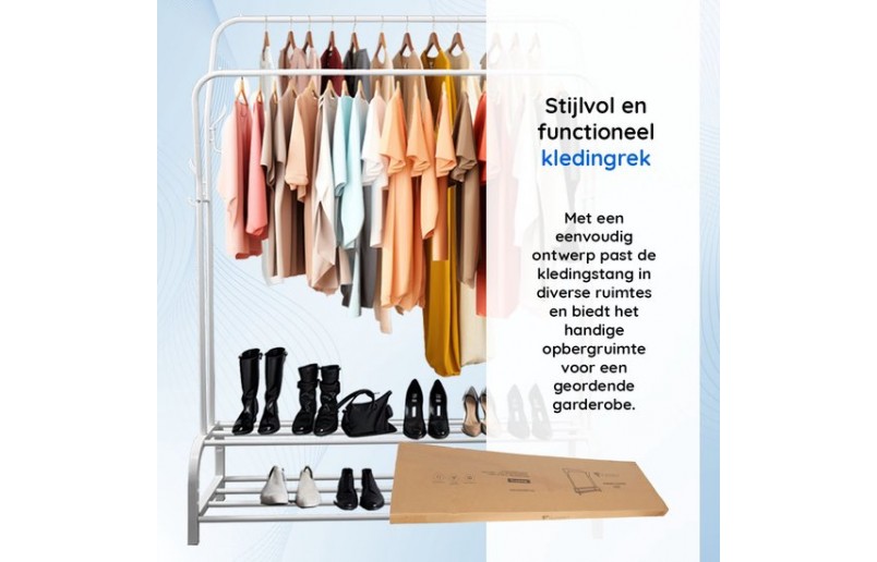 Eleganca kledingrek met 2 gebogen stangen en planken voor schoenen, wit
