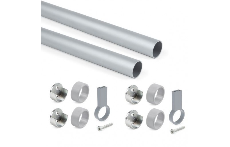 Kledingroede rond zilver (2 stuks) in complete set, lengte 115 cm