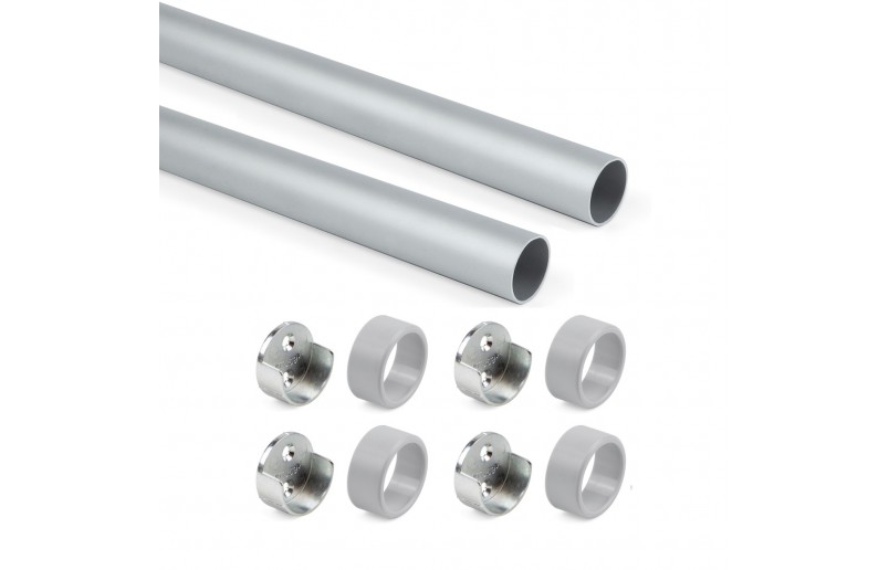 Kledingroede rond zilver (2 stuks) in complete set, lengte 115 cm