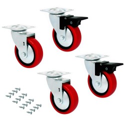 Meubelwielen rood rubber in set á 4 stuks 64 mm hoog