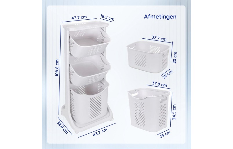 Wassorteerder wit kunststof met 3 manden, totaal 82 liter