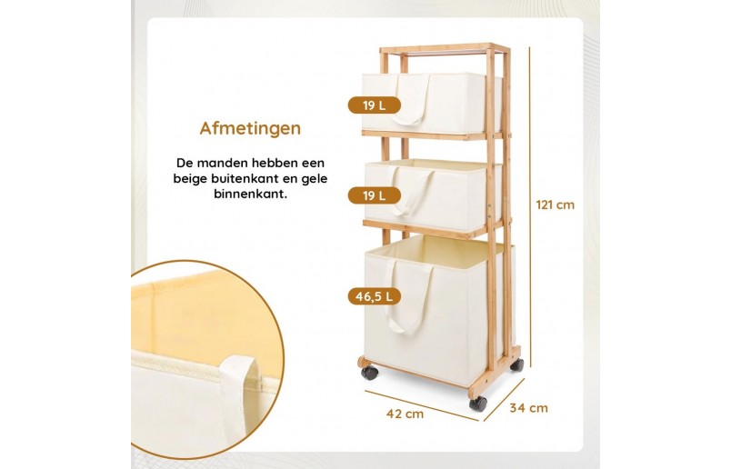 Eleganca wassorteerder - wasmand met 3 vakken en zwenkwieltjes - Bamboe Naturel
