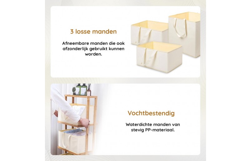 Eleganca wassorteerder - wasmand met 3 vakken en zwenkwieltjes - Bamboe Naturel
