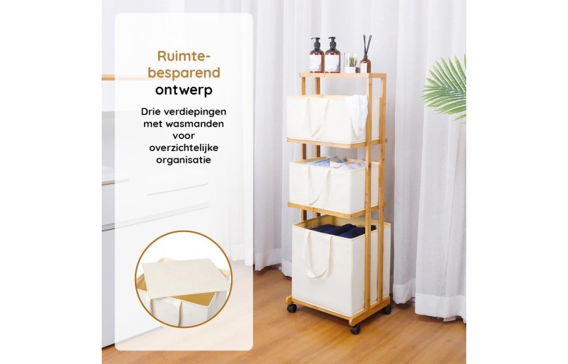 Eleganca wassorteerder - wasmand met 3 vakken en zwenkwieltjes - Bamboe Naturel