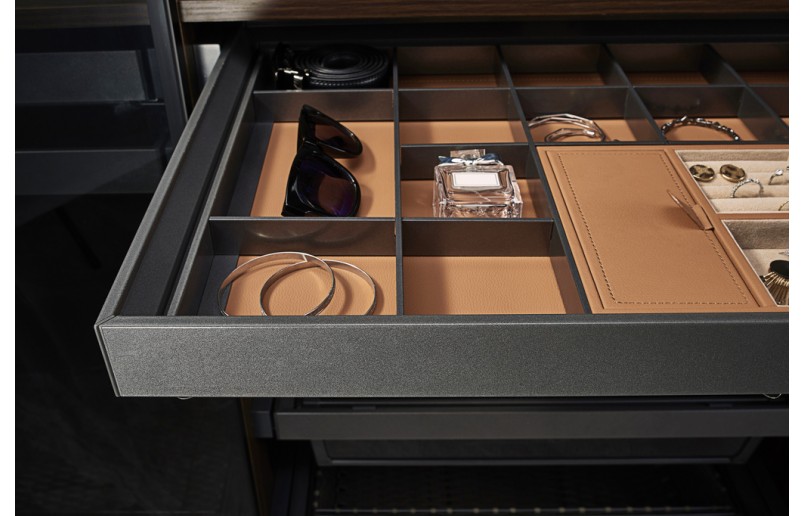Luxe uittrekbare antraciet/oranje sieradenlade met soft-close