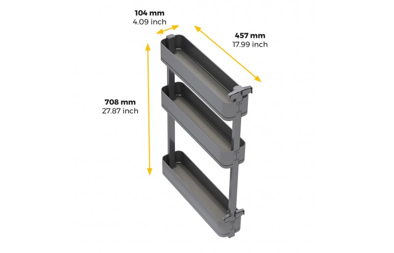 Uittrekbaar potten- en flessenrek met 3 plateaus voor keukenkasten met breedte 150 mm