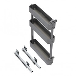 Uittrekbaar potten- en flessenrek met 3 plateaus voor keukenkasten met breedte 150 mm